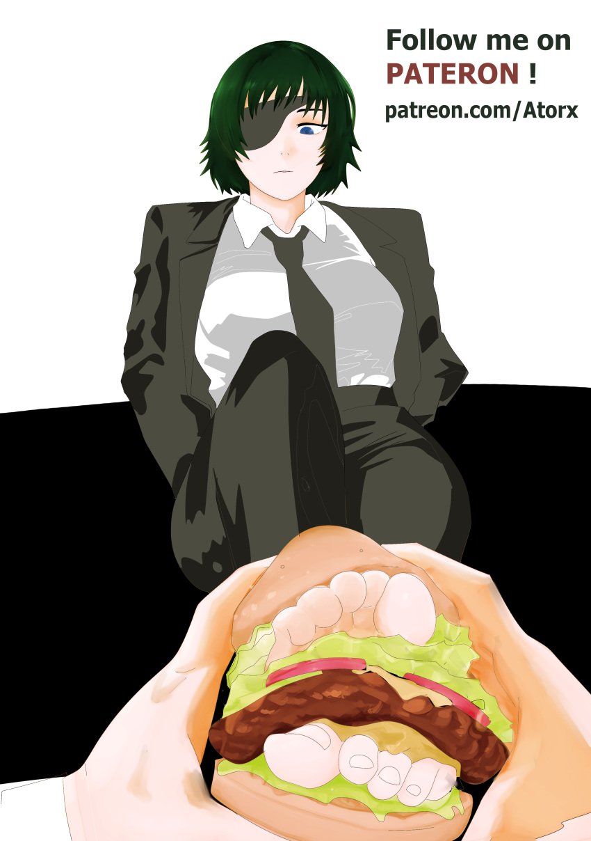 absurdres arched_soles artist_name ashikoki atorx bare_feet barefoot barefoot_under_trousers black_suit black_tie blue_eyes business_suit chainsaw_man cleavage collared_shirt condescending contempt crotch_view dark_hair digital_media_(artwork) dominance english_text eyepatch fanart feet feet_on_food female female_domination female_only first-person_view food food_and_feet foot_fetish foot_smother green_hair hamburger highres himeno_(chainsaw_man) jacket large_breasts legs_crossed looking_at_viewer looking_down low-angle_view medium_breasts messy_hair open_jacket pale_skin pants patreon pov pov_hands short_hair sitting smug soles solo suit text thigh_high_angle tie toes white_shirt