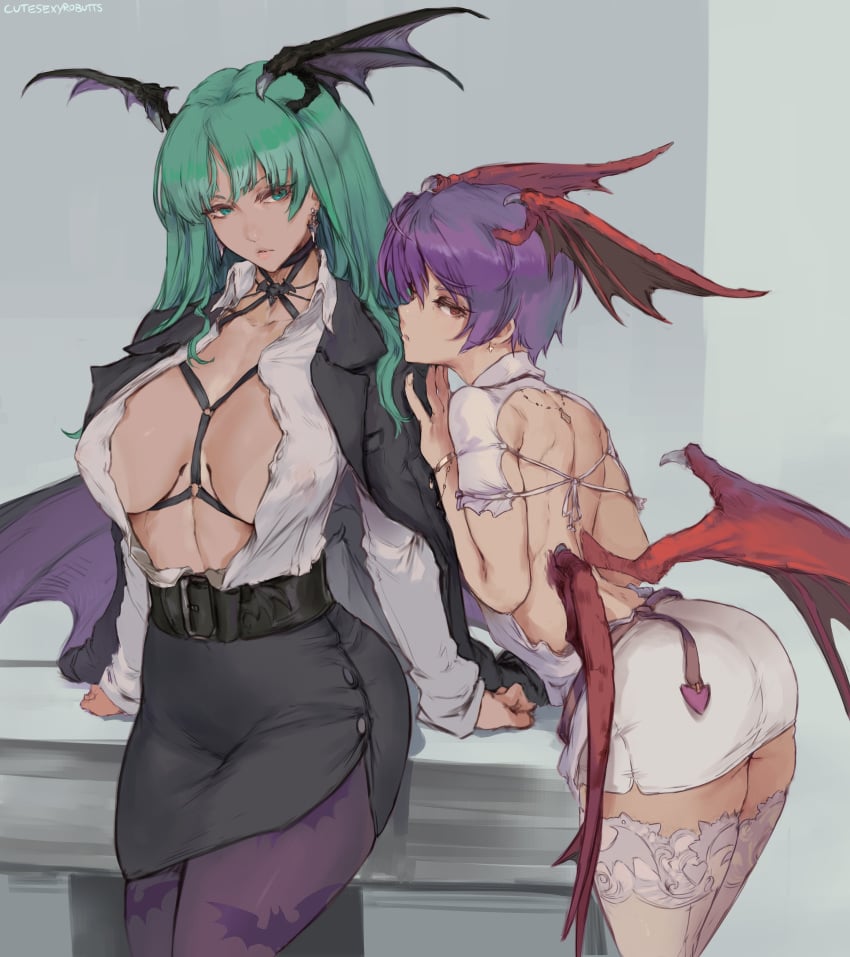 2demons 2girls absurd_res ass bat_wings belt bent_over big_breasts blouse business_suit choker cleavage clothing collared_blouse collared_shirt cutesexyrobutts darkstalkers demon eye_contact female female_only formal green_eyes green_hair half-closed_eyes harness head_wings high_resolution hourglass_figure incest lilith_aensland lingerie long_hair looking_at_viewer looking_back medium_breasts miniskirt monster_girl morrigan_aensland multiple_girls nipple_bulge nipples nipples_visible_through_clothing open_clothes pantyhose pencil_skirt pendant petite pink_hair purple_hair red_eyes rope shirt short_hair siblings sisters size_difference skirt stockings succubi succubus succubus_wings suit thick thick_thighs thighhighs thighs tight_clothing tights very_high_resolution white_legwear wings yuri