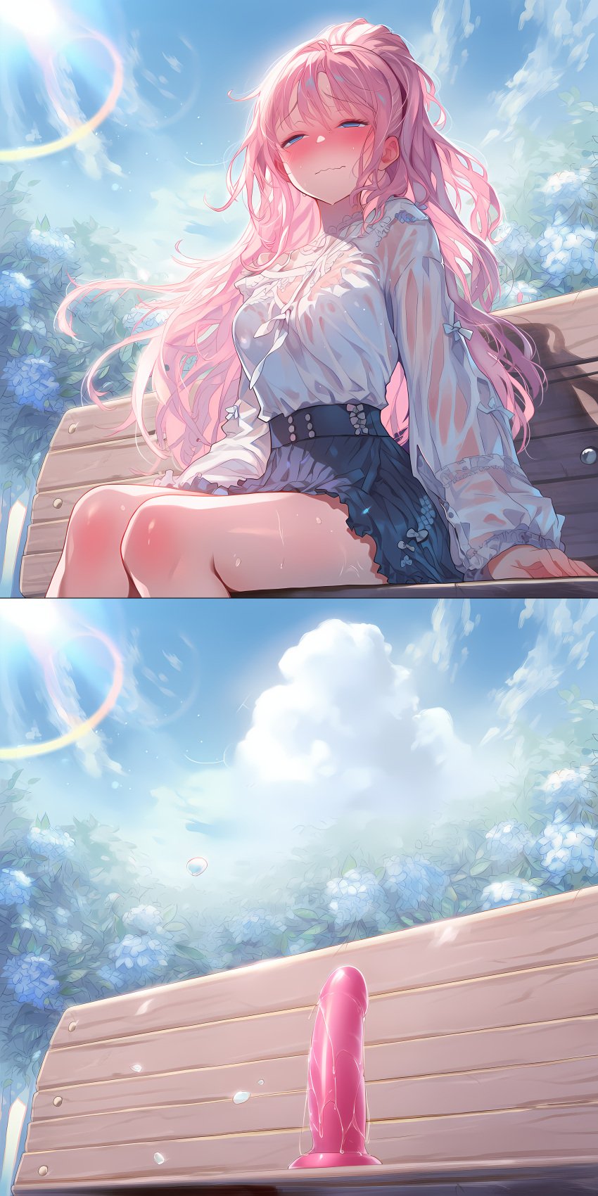1girls ai_generated ambiguous_penetration bare_legs bench blue_eyes blush blushing_profusely body_blush closed_mouth clothed clothed_female clothing color day dildo dildo_insertion dildo_penetration dildo_reveal dildo_riding dildo_sitting dildo_sitting_reveal dildo_under_clothes embarrassed facing_viewer female female_focus female_masturbation female_only female_orgasm female_penetrated female_pervert fit fit_female from_below front_view fully_clothed half-closed_eyes hi_res highres horny horny_female implied_penetration in_public izacru0 knees_together light-skinned_female light_skin long_hair looking_away looking_pleasured loving_it low-angle_view medium_breasts multiple_views orgasm orgasm_face original original_character outdoors outside park park_bench pink_hair pleasure_face pleasured ponytail public public_indecency public_masturbation raised_eyebrows revealing see-through see-through_clothing see-through_top sex_toy sex_toy_insertion sex_toy_under_clothing shirt sitting sitting_on_bench sitting_on_dildo skirt sky solo solo_female solo_focus split_screen stealth_masturbation sweat sweatdrop sweating thin_waist trying_not_to_cum trying_to_be_quiet very_high_resolution wavy_hair wavy_mouth wet wet_clothes white_shirt