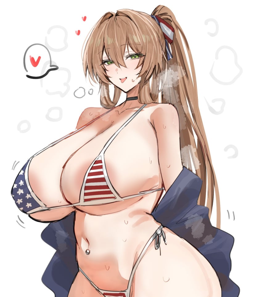 1girls american_flag_bikini american_flag_print areola_slip bare_shoulders blue_shirt blush breasts brown_hair choker cleavage collarbone cowboy_shot female girls&#039;_frontline girls&#039;_frontline_2:_exilium green_eyes hair_between_eyes hair_ornament heart highleg highleg_bikini horn/wood huge_breasts long_hair looking_at_viewer micro_bikini navel navel_piercing off_shoulder ponytail side-tie_bikini sidelocks simple_background smile solo speech_bubble springfield_(girls&#039;_frontline) steam stomach sweat tongue tongue_out white_background