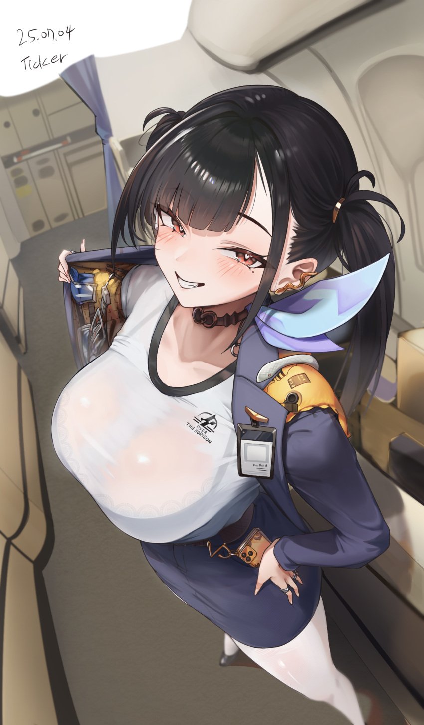 1girls airplane_interior black_hair breasts brown_eyes cellphone choker female flight_attendant goddess_of_victory:_nikke grin highres jacket jewelry large_breasts looking_at_viewer open_clothes open_jacket pencil_skirt phone ring shirt skirt smartphone smile solo sora_(nikke) ticker_(kks2ksy) travel_attendant white_shirt