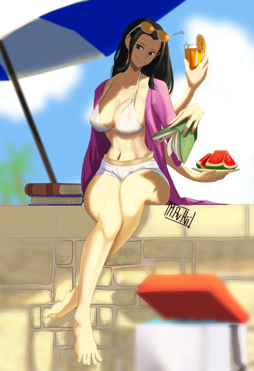 1girls aqua_eyes bikini_top black_hair cleavage clothing female female_only large_breasts long_hair looking_at_viewer mavrii nico_robin one_piece robe shorts thick_thighs voluptuous