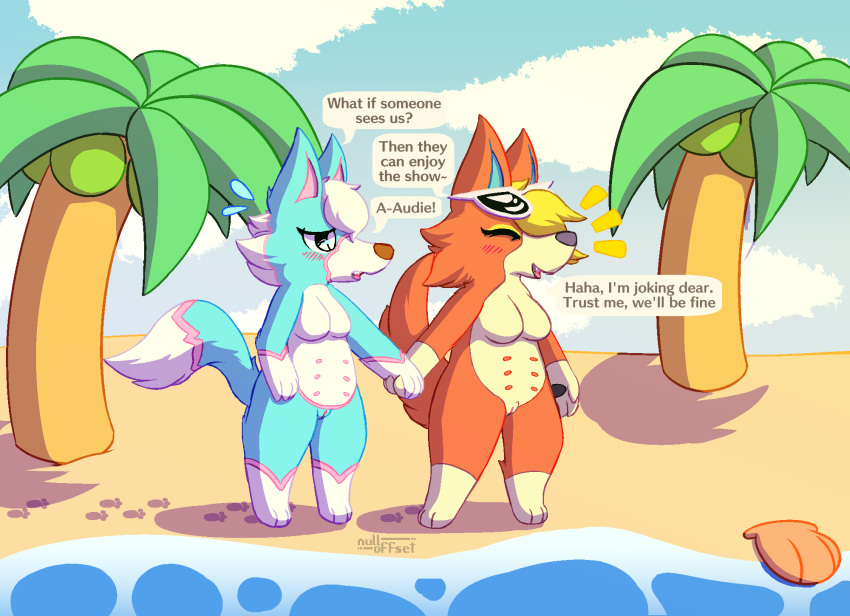 2020 animal_crossing anthro artist_name audie_(animal_crossing) beach blonde_hair blue_body blue_fur breasts canid canine canis cloud dialogue duo english_text enhibitionism excited exhibitionism eyeliner eyewear eyewear_on_head featureless_breasts female footprint fur genitals hair hand_holding hi_res makeup mammal mostly_nude multi_nipple multicolored_body multicolored_fur nintendo nipples nude nulloffset orange_body orange_fur outside palm_tree pawprint pussy seashell seaside shell simple_background sky skye_(animal_crossing) smile social_nudity speech_bubble sunglasses sunglasses_on_head text tree video_games water white_body white_fur white_hair wolf worried