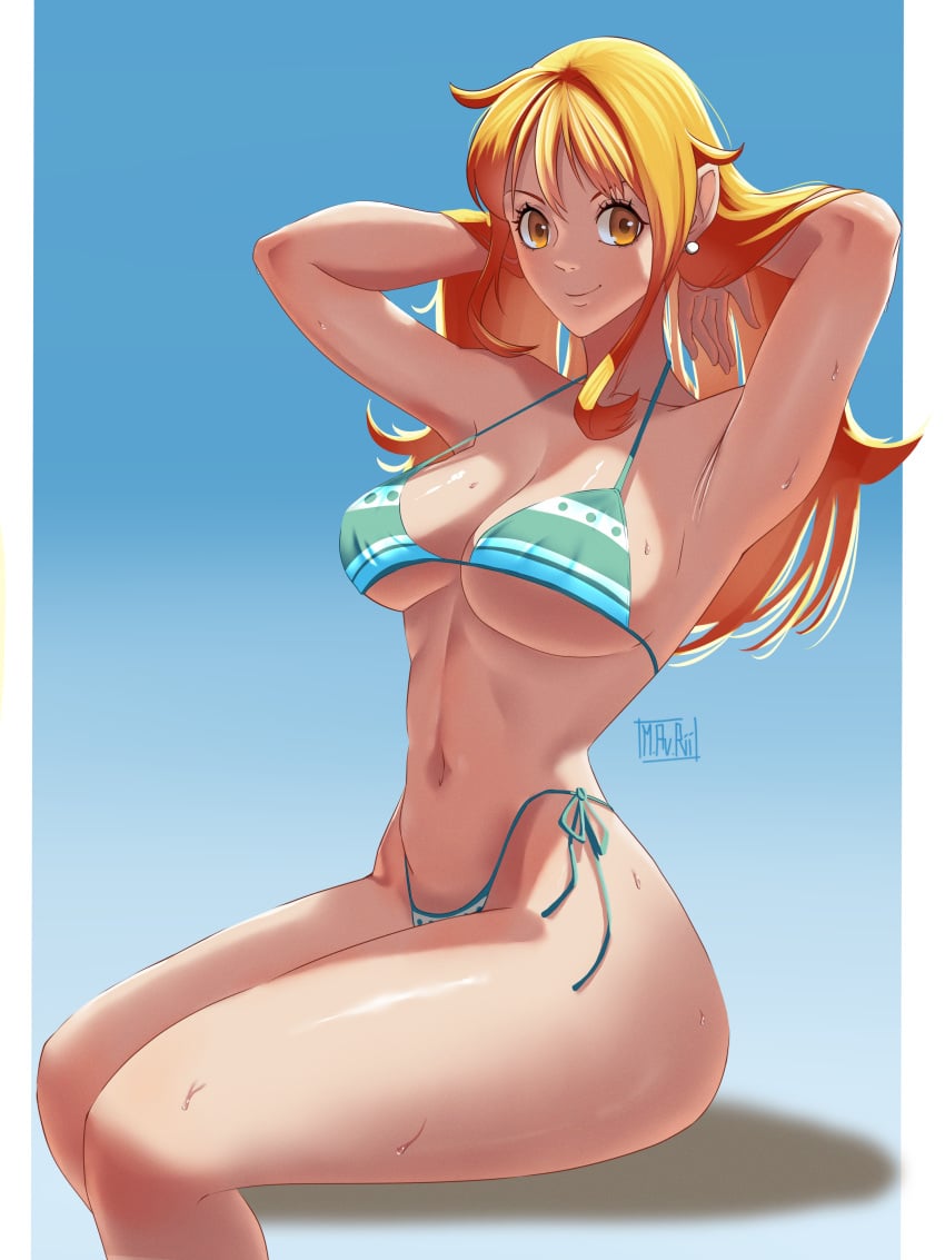 1girls armpits bikini bikini_bottom clothing female female_only kneeling large_breasts long_hair looking_at_viewer mavrii mavrii nami_(one_piece) no_pants one_piece orange_eyes orange_hair orange_hair_female sweat thick_thighs voluptuous