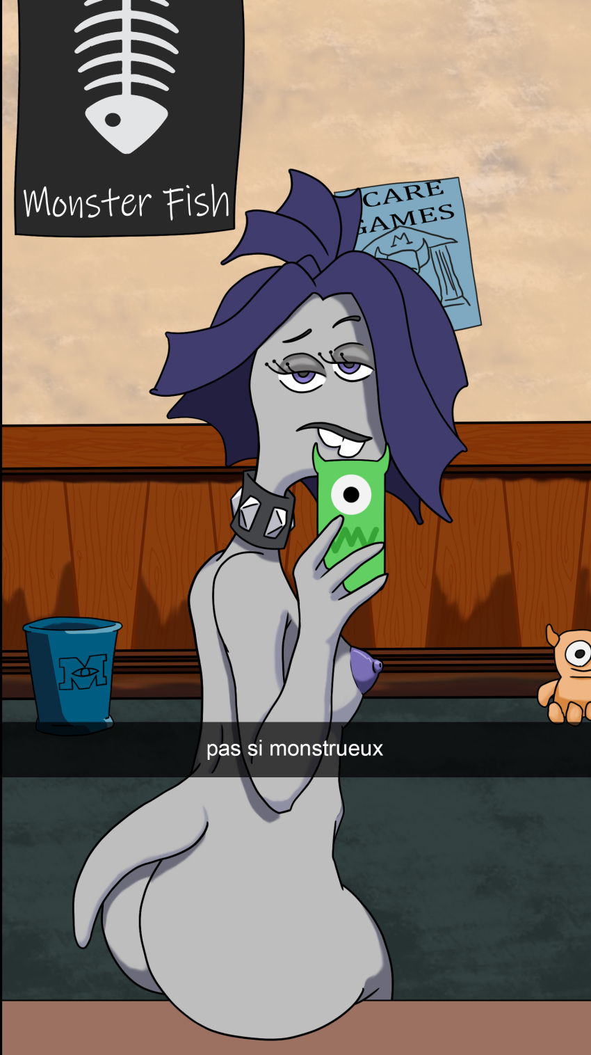 absurd_res ass claire_wheeler collar disney female female_focus french_text grey_body hair hi_res kurofipito monster_girl_(genre) monsters_inc monsters_university multi_eye nipples phone pixar puffy_nipples purple_eyes purple_hair purple_nipples selfie snapchat source_request teeth text year_request