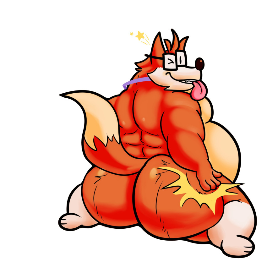 1boy 1male ass back backside belly big_ass big_butt fivey_fox fox furry furry_only gay glasses male male_only orange_fur presenting smacking_ass solo tail tongue vulpine wink winking