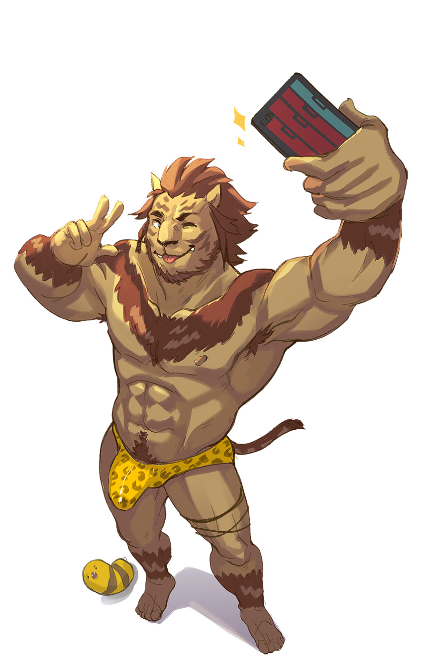 2020 abs absurd_res animal_print anthro armpit_hair beard biceps body_hair brown_body brown_fur brown_hair bulge cheetah_print claws clothed clothing detailed_bulge facial_hair fangs felid final_fantasy final_fantasy_xiv finger_claws fur genital_outline genitals grin hair hi_res high-angle_view hrothgar kumammoto_(artist) male male_only mammal muscular muscular_anthro muscular_male nipples one_eye_closed pecs penis penis_outline pose sharp_teeth simple_background skimpy smile solo speedo square_enix standing swimwear taking_selfie teeth tongue tongue_out triceps v video_games white_background wink