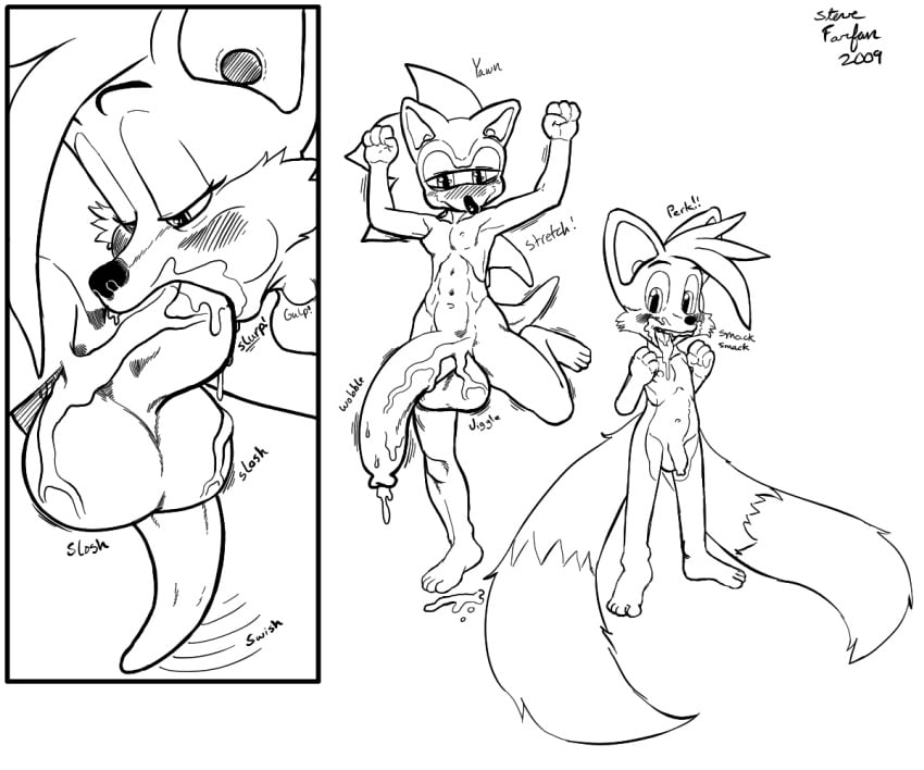 2009 anthro canine fellatio fox fur hedgehog interspecies male male_only mammal monochrome multiple_males nude oral penis sonic_(series) sonic_the_hedgehog steve_farfan tails yaoi