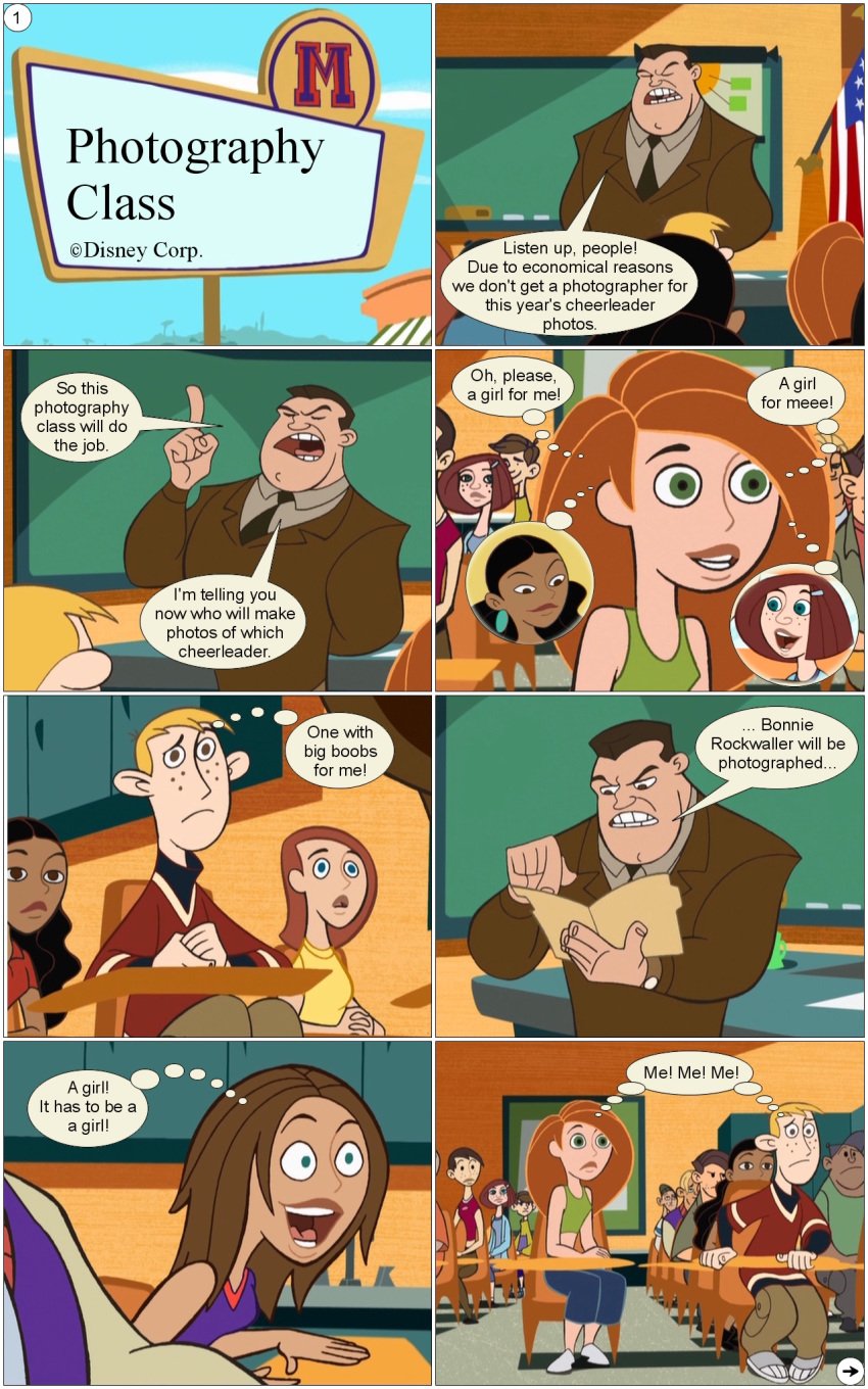 bonnie_rockwaller comic disney disney_channel english_text female gagala human justine_flanner kim_possible kimberly_ann_possible linda_(kim_possible) male monique_(kim_possible) multiple_boys multiple_girls page_1 photography_class ron_stoppable steve_barkin straight_hair text