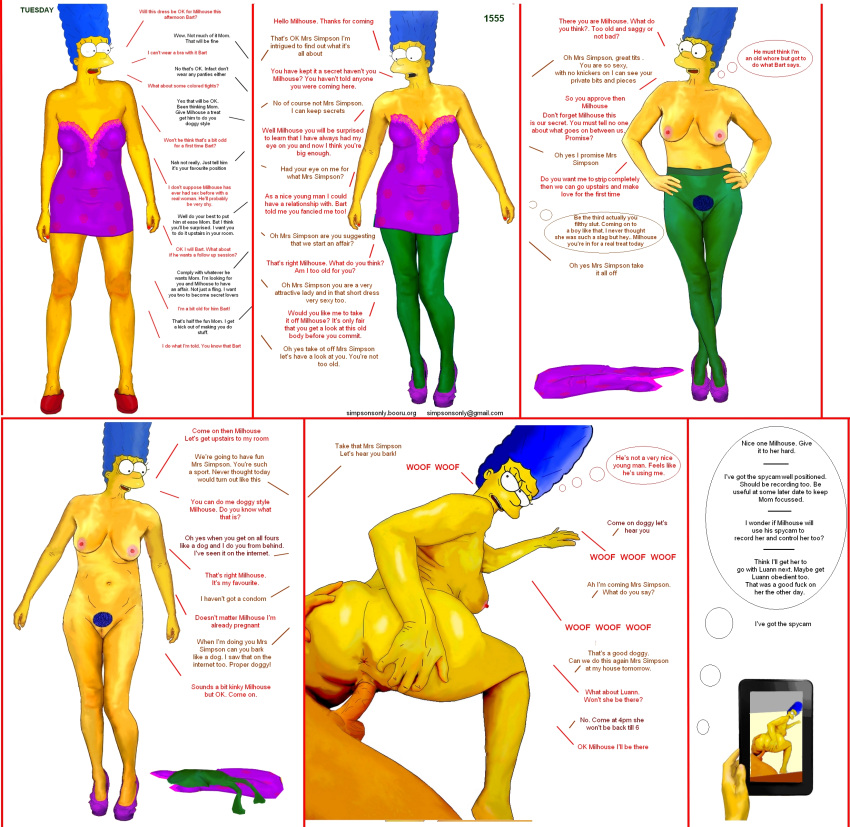 20th_century_studios accurate_art_style ass breasts clothes color english_text female human insertion male marge_simpson milhouse_van_houten nipples nude penis sex straight tagme text the_simpsons yellow_body yellow_skin