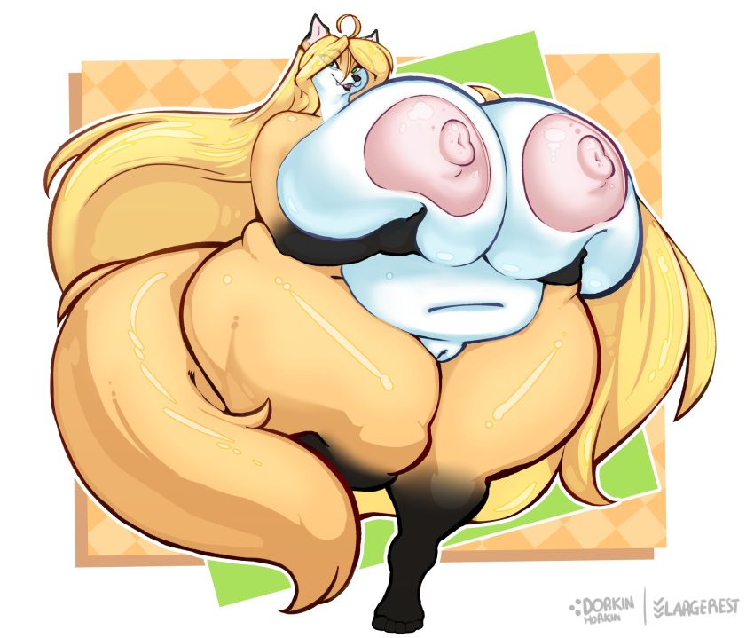 anthro big_breasts breasts canid canine dorkinhorkin fat female fox genitals hi_res huge_breasts largerest mammal overweight peach_pussy plump_labia pussy solo