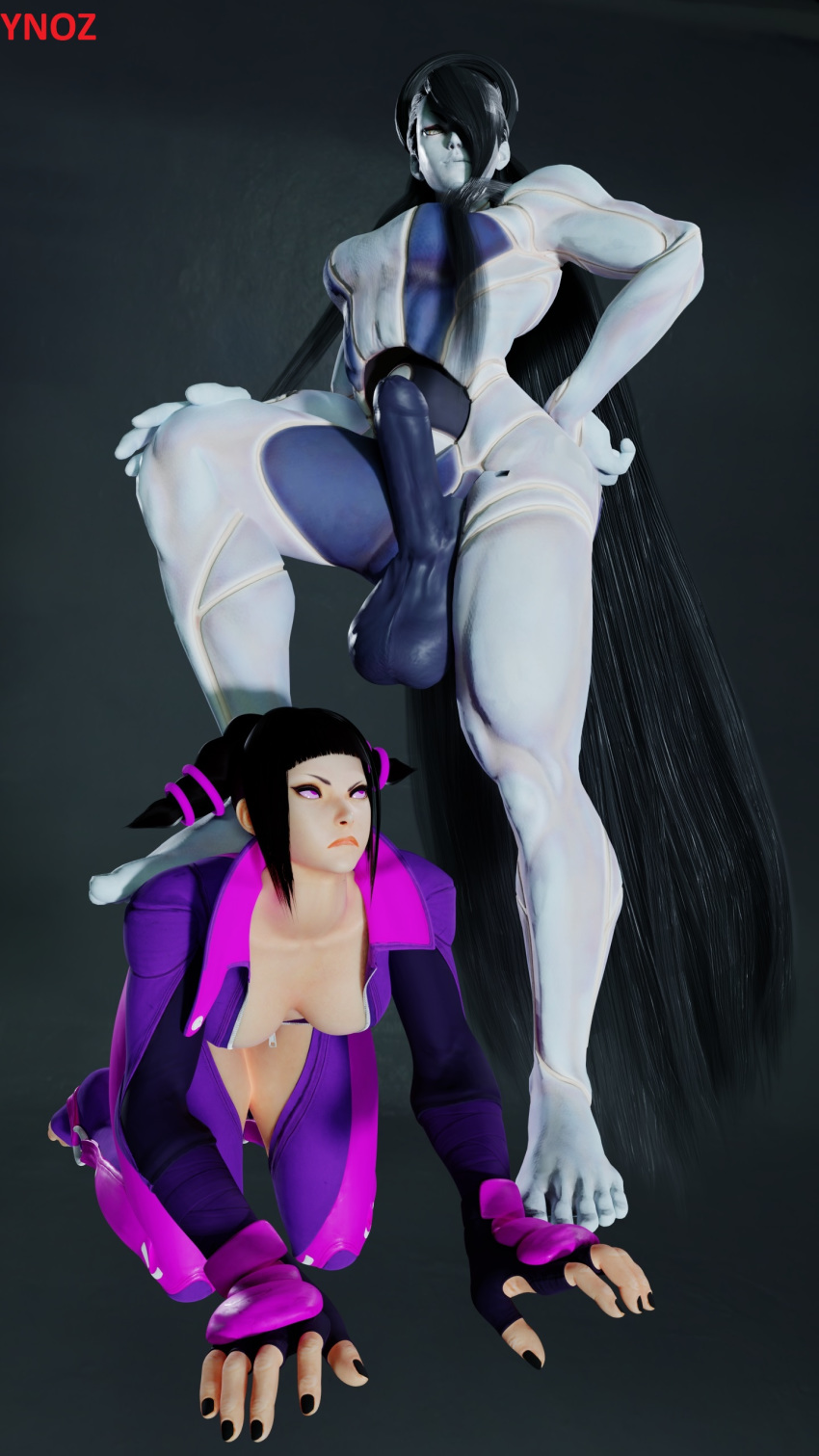 1futa 1girls 3d all_fours balls big_balls breasts cleavage domination drill_hair evil_grin female femsub futa_with_female futadom futanari human humanoid humanoid_penis intersex juri_han long_hair pale_skin penis pose robot_futa seth_(doll_unit_0) seth_(street_fighter) street_fighter street_fighter_v ynoz