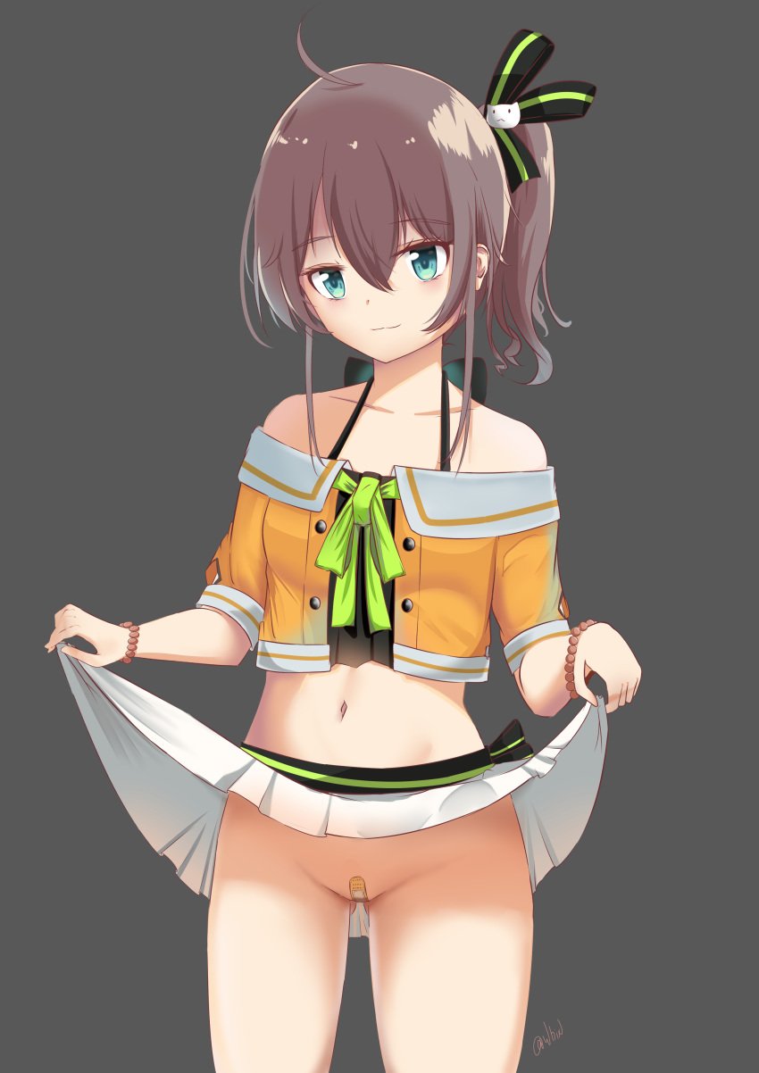 bandaid bandaid_on_pussy blue_eyes blush brown_hair female hololive hololive_gen_1 hololive_japan natsuiro_matsuri no_panties side_ponytail skirt skirt_lift solo virtual_youtuber whin