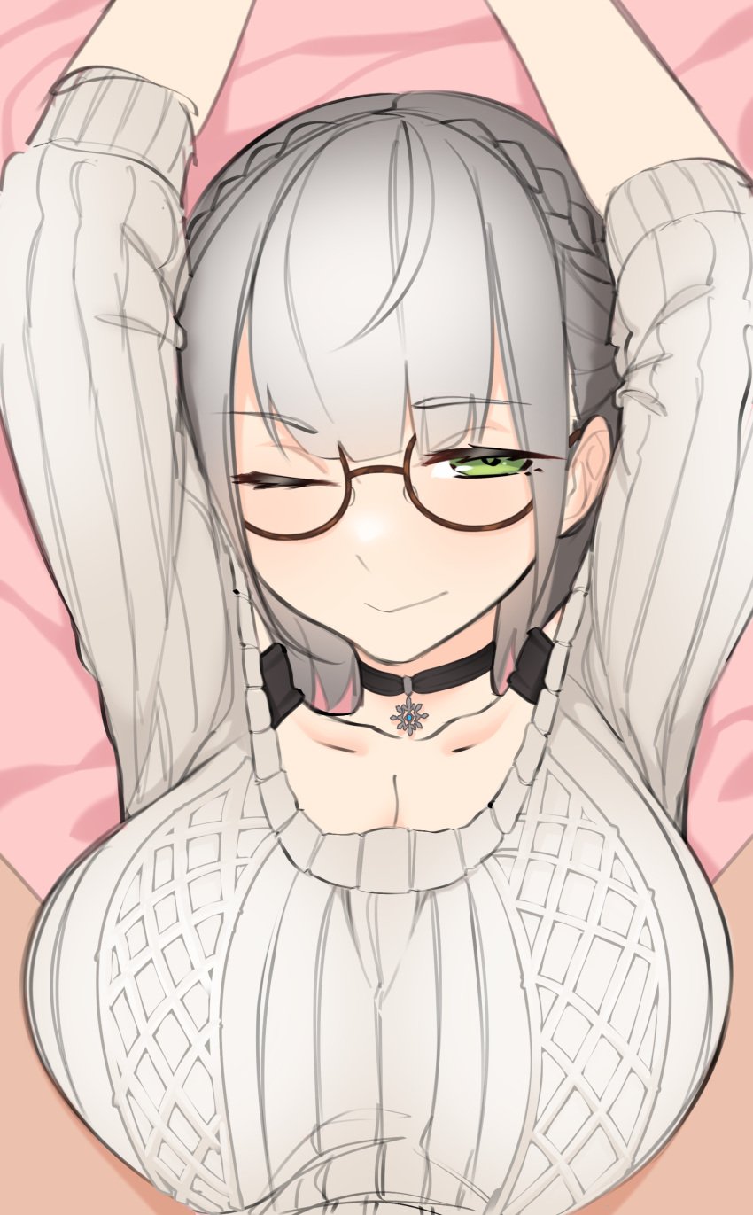 1boy 1boy1girl 1girls arcbun big_breasts breasts clothed clothed_female covered_paizuri engulfing_paizuri female female_focus glasses green_eyes grey_hair hololive hololive_fantasy hololive_japan huge_breasts large_breasts looking_at_viewer male one_eye_closed outercourse paizuri paizuri_under_clothes round_glasses shirogane_noel smile straight sweater virtual_youtuber