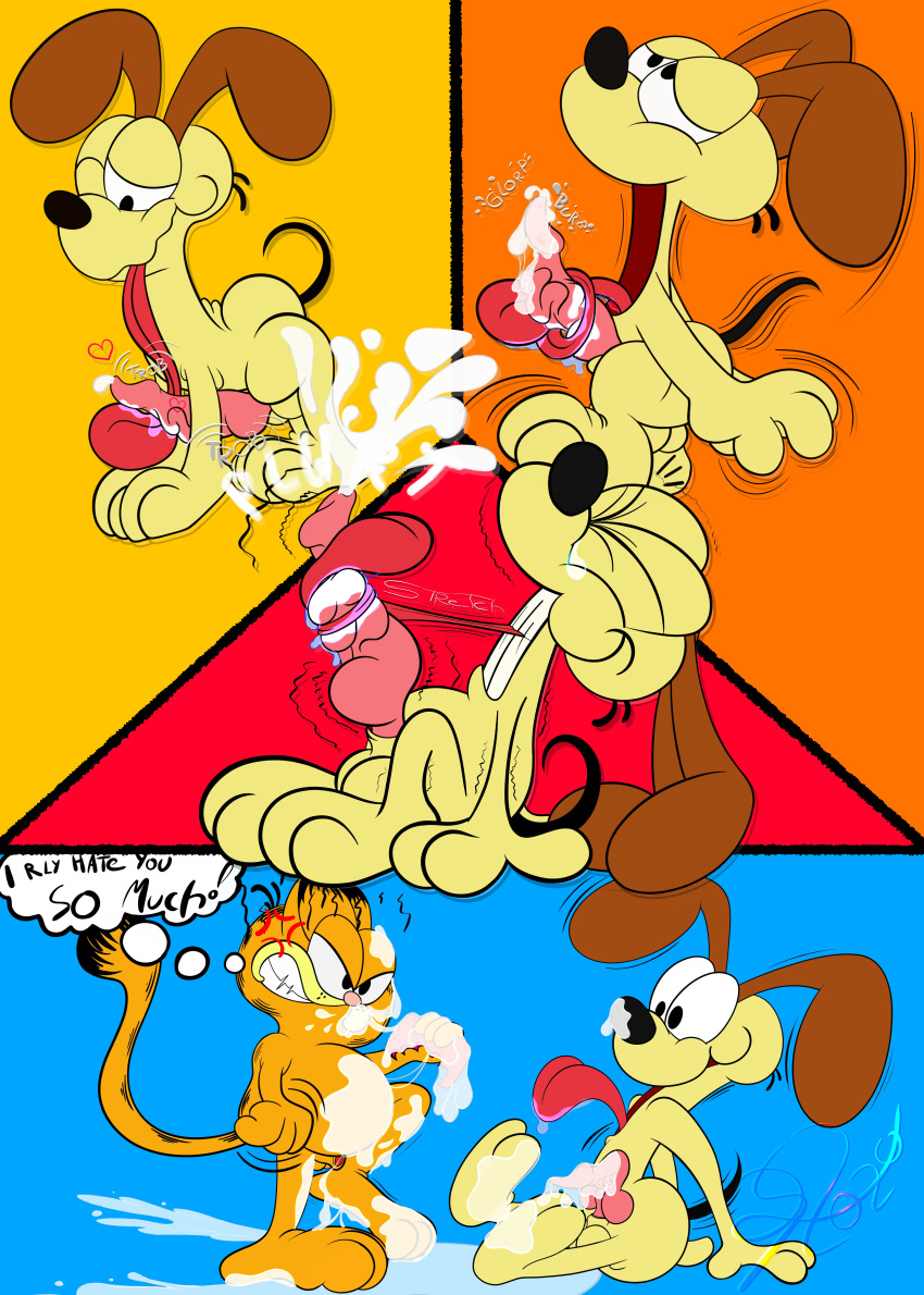 absurd_res bodily_fluids canid canine canis cum domestic_cat domestic_dog felid feline felis feral garfield_(series) garfield_the_cat genital_fluids hi_res licking lobofeo looking_pleasured male male/male mammal masturbation nickelodeon odie pain paws,_inc. self_lick sucking tongue tongue_out