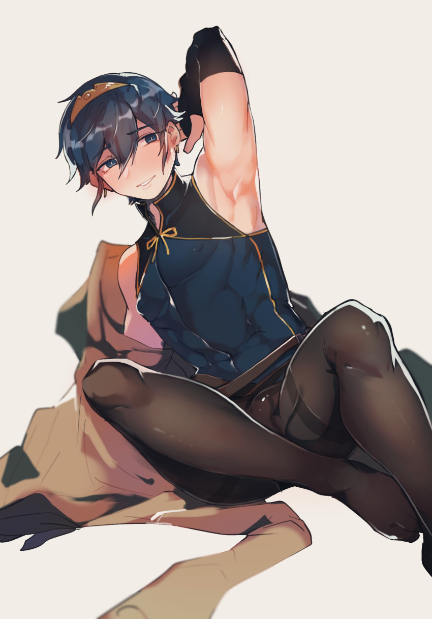 1boy armpits baiwa blue_eyes blue_hair bulge byebyefrog femboy fire_emblem fire_emblem:_mystery_of_the_emblem fire_emblem:_shadow_dragon_and_the_blade_of_light footwear_fetish leggings male_only marth_(fire_emblem) muscular muscular_male nintendo pantyhose partially_visible_penis penis short_hair sitting smile solo solo_male