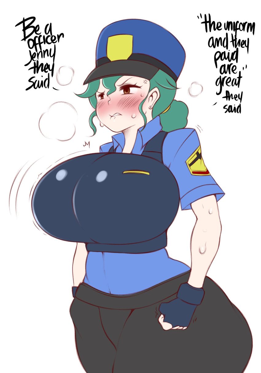 1girls alternate_breast_size big_breasts blush breasts brown_eyes clothed clothed_female english english_text female female_focus female_only fingerless_gloves fully_clothed gloves green_hair hat huge_breasts huge_thighs large_breasts long_hair nintendo officer_jenny_(alola) officer_jenny_(pokemon) plain_background pokémon pokemon pokemon_sm police_hat saltyxodium simple_background solo solo_female standing sweat text thick_thighs thighs tight_clothing white_background wide_hips