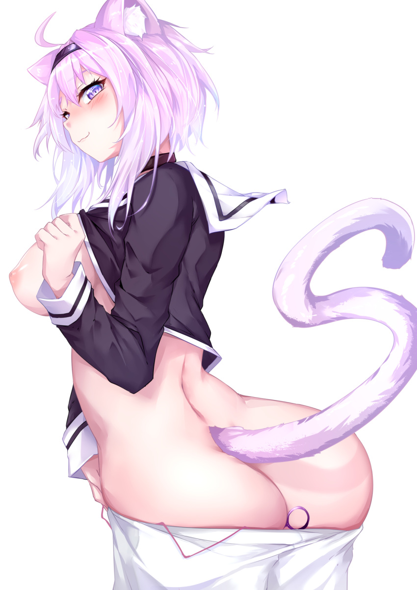 anal anal_insertion animal_ears ass blush breasts buttplug cat_ears cat_girl cat_tail catgirl denis053 female hololive hololive_gamers hololive_japan kemonomimi nekomata_okayu nipples pants_down purple_eyes purple_hair saiji shirt_lift sideboob smile solo tail virtual_youtuber