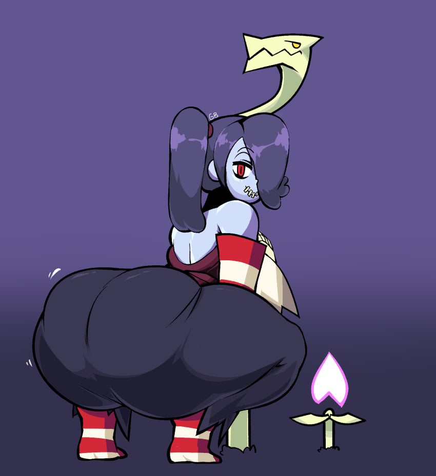 1girls ass ass_focus big_ass big_butt blue_hair blue_skin crouching dat_ass gerard_burn hair_over_one_eye huge_ass huge_butt lab_zero_games leviathan_(skullgirls) looking_back red_eyes skullgirls solo squatting squigly sweat thighhighs twerking zombie zombie_girl