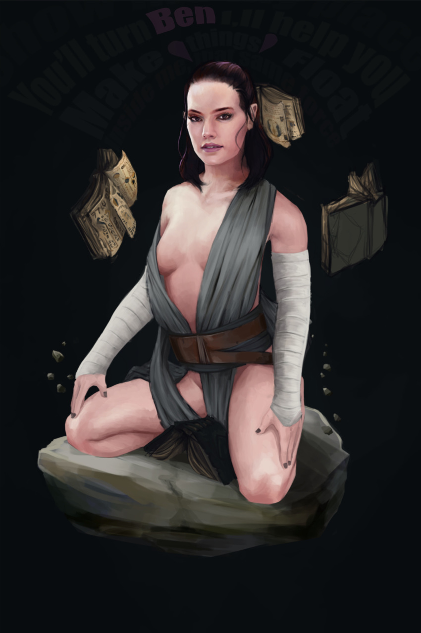 aj_pratt alternate_hairstyle arm_warmers belt book celebrity cleavage clothed clothing daisy_ridley dxeko fantasy half_updo kneeling looking_at_viewer magic pink_lipstick pinup pose posing rey rock simple_background skimpy skimpy_clothes star_wars stone the_force the_last_jedi