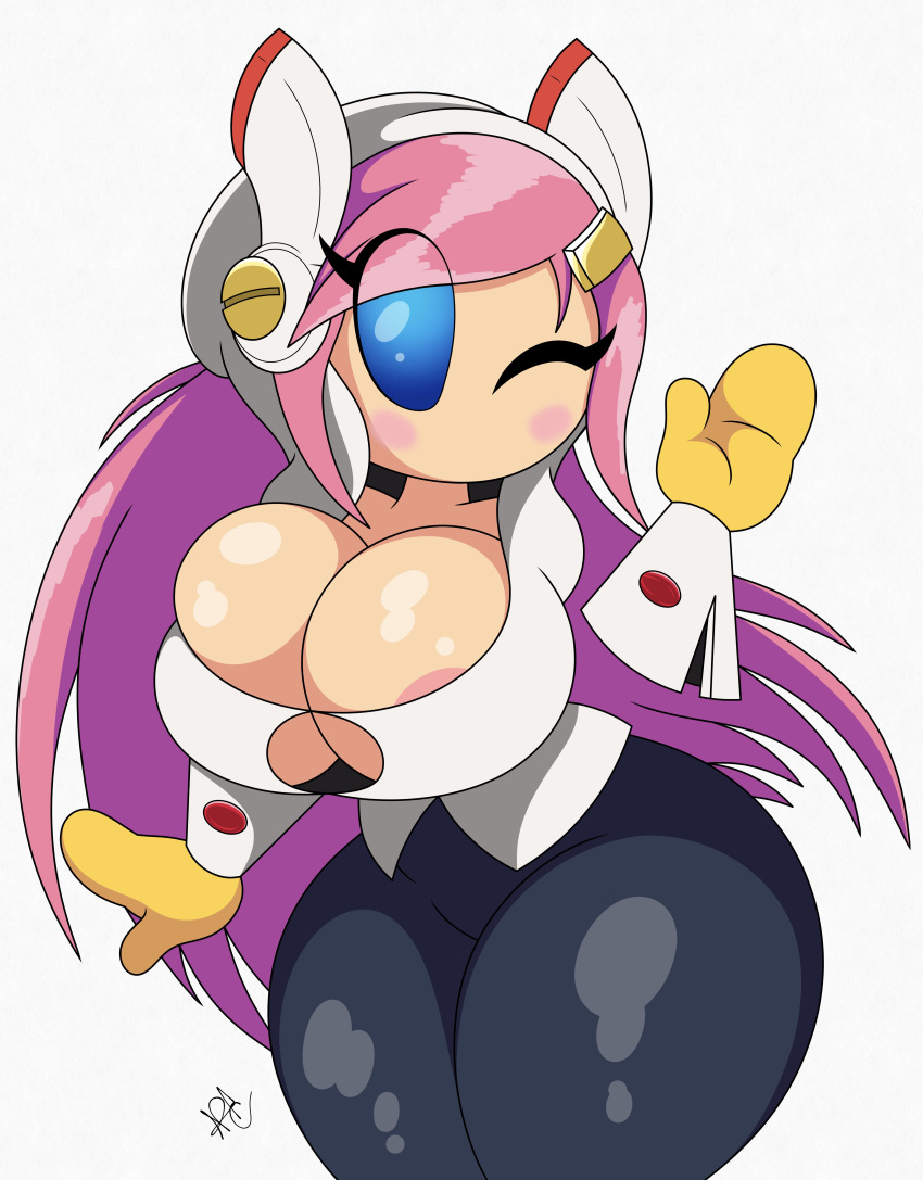 ;) absurd_res absurdres ass big_ass big_breasts blue_eyes blush blushing breasts clothed clothing female female_focus female_only floating_hands gold_jewelry helmet hole_in_chest huge_breasts kirby_(series) kirby_planet_robobot kirby_star_allies light-skinned_female light_skin long_hair looking_at_viewer mouthless mouthless_female nintendo nipples_visible_through_clothing nr_ac pencil_skirt pink_hair solo solo_focus susanna_patrya_haltmann susie_(kirby) thick_thighs tight_clothing video_games waving wink