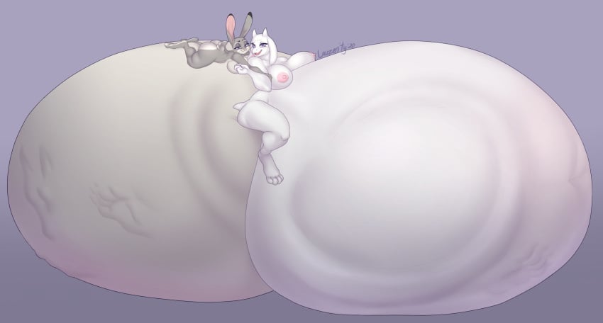 anthro ass belly big_belly big_breasts big_butt bovid breasts caprine disney duo_focus eyeshadow female female_pred group hi_res hyper hyper_belly imprints judy_hopps lagomorph large_breasts lauzerity leporid looking_at_viewer lying makeup mammal nipples on_front oral_vore rabbit shortstack toriel undertale video_games vore zootopia