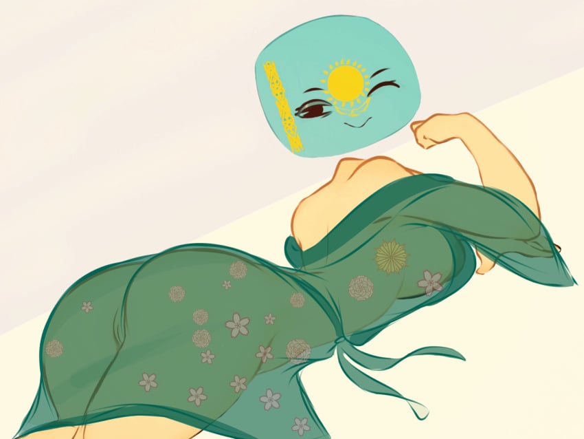 1girls ass breasts clothed clothing countryhumans countryhumans_girl female flag flawsy humanoid humanoidized kazakh_flag kazakhstan kazakhstan_(countryhumans) looking_at_viewer looking_back lying lying_on_stomach pale_skin partially_clothed personification robes see-through solo wink winking_at_viewer