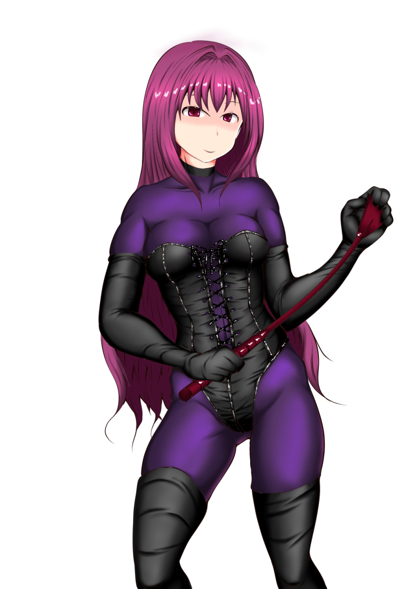 1girls black_corset black_thigh_highs black_thighhighs bodysuit bondage_outfit breasts choker corset dominant dominant_female dominatrix fate/extra fate/grand_order fate_(series) female femdom holding_object holding_riding_crop implied_femdom latex latex_boots latex_gloves latex_legwear latex_stockings latex_suit latex_thighhighs long_hair looking_at_viewer posing purple_bodysuit purple_eyes purple_hair red_riding_crop riding_crop sadistic scathach_(fate) scathach_(swimsuit_assassin) smile thighhighs thighs white_background