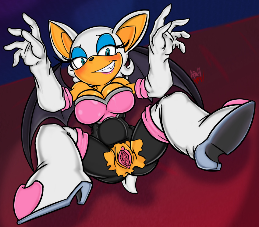 2020 absurd_res anthro armiv big_breasts blue-moonarms blush blushing breasts chiropteran clothed clothing embarrassed female gaping gaping_pussy genitals gloves grin hi_res legs_up looking_at_viewer lying mammal on_back on_model partially_clothed pussy ripped_clothing rouge_the_bat sega smile solo sonic_(series) sonic_the_hedgehog_(series) spread_legs spread_pussy spreading torn_clothing