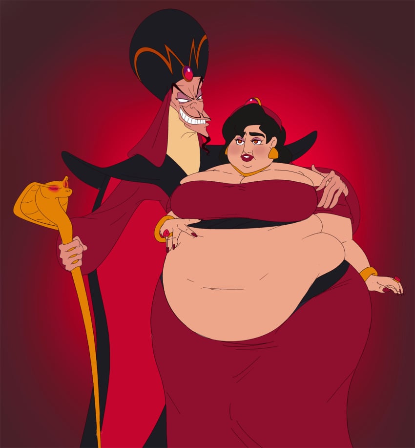 1boy 1girls aladdin aladdin_(1992_disney_film) aladdin_(character) bbw belly big_breasts breasts disney disney_prince disney_villains hip_grab hips huge_belly huge_hips hypnosis jafar jewelry mind_control obese overweight red_dress rule_63 saturnxart staff villain what