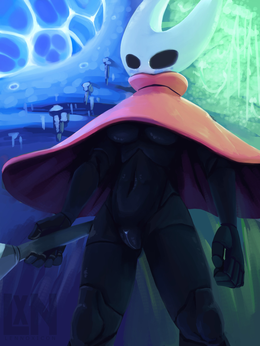 2020 3:4 anthro arthropod blush breasts cape cloak clothing embarrassed embarrassed_nude_female enf female genitals hi_res hollow_knight hornet_(hollow_knight) lennoxicon outside pussy red_cape solo standing team_cherry under_boob video_games weapon