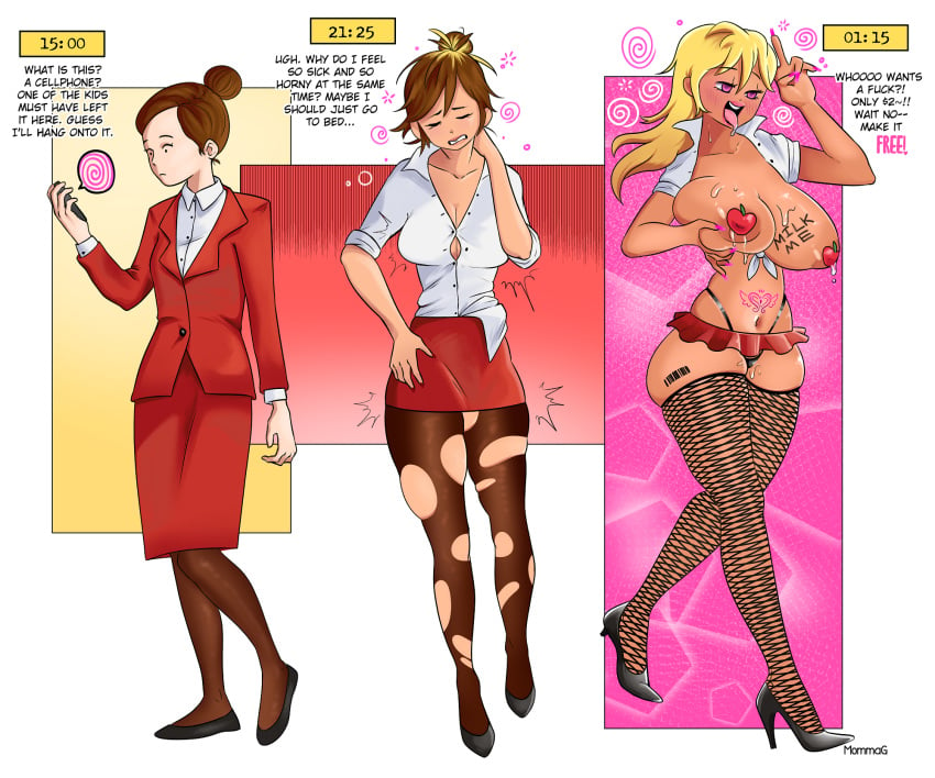 1girls before_and_after bimbo bimbofication blonde_hair blush breasts dialogue empty_eyes female female_only femsub hi_res high_heels high_resolution highres holding_breasts human human_only large_ass large_breasts lipstick long_nails mind_control mommag navel office_lady open_mouth original pasties signature simple_background tan_skin tattoo text tongue tongue_out topless white_background writing_on_body