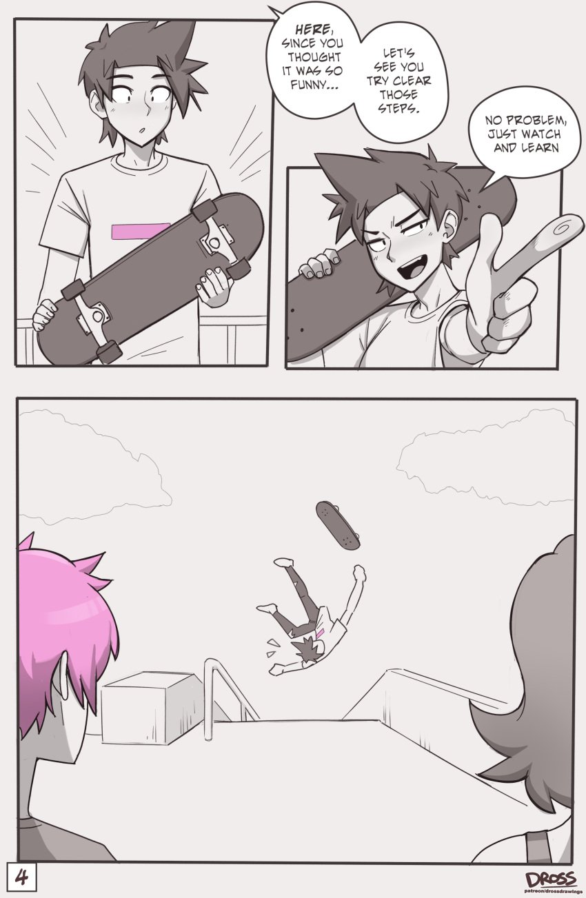 1girls 2boys anime_nose artist_name black_hair clothed clothing comic comic_page dialogue dross english_text female human jacob_(dross) male monochrome no_visible_genitalia page_4 page_number patreon_username pink_hair pointing pointy_chin roxanne_(dross) skateboard skater_boi_(dross) solo_focus spiky_hair taylor_(dross) text toony twink unseen_female_face unseen_male_face yaoi