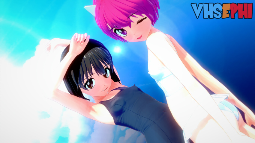 2girls 3d ass bikini black_hair blue_sky bra brown_eyes cloud cloudy_sky elfen_lied female female_only highres horns koikatsu koikatu matching_hair_and_eye_color mayu_(elfen_lied) nana_(elfen_lied) one_eye_closed panties pink_eyes pink_hair sky swimsuit underwear vhsephi