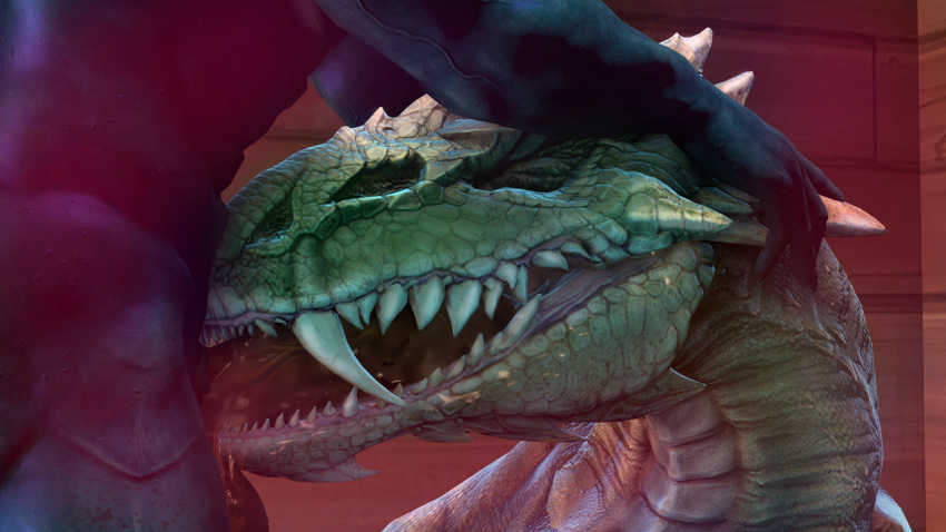 3d 3d_(artwork) anthro deep_throat duo fellatio female feral glitched_securitron hi_res human human_penetrating male oral penile quake_champions scalie sex sharp_teeth sorlag source_filmmaker straight teeth