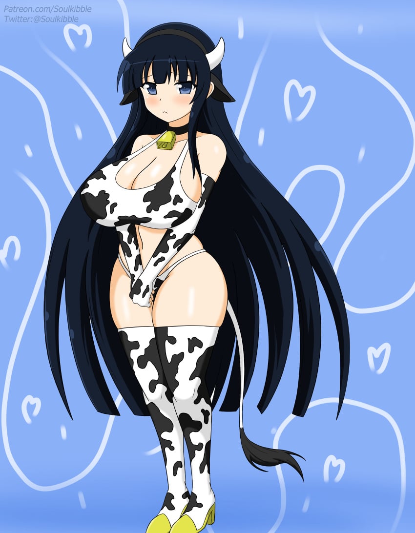 big_breasts black_hair blue_eyes cow_ears cow_girl cow_horns cow_print cow_tail cowbell ikaruga_(senran_kagura) senran_kagura senran_kagura_(series) soulkibble thick_thighs thighhighs