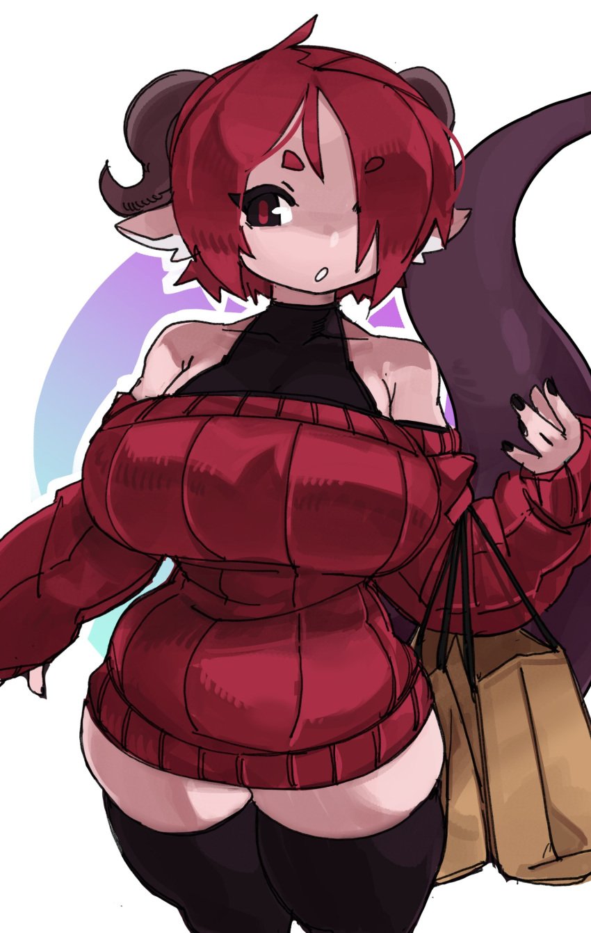 1girls :o animal_ears bare_shoulders big_breasts black_legwear black_nails clothing dragon dragon_girl dragon_horns dragon_humanoid female female_only hair_over_one_eye humanoid legwear looking_at_viewer medium_hair mehri_(consoflonka) red_eyes red_hair shopping_bag solo solo_female sweater tail thick_thighs thigh_squish very_high_resolution white_background zanamaoria