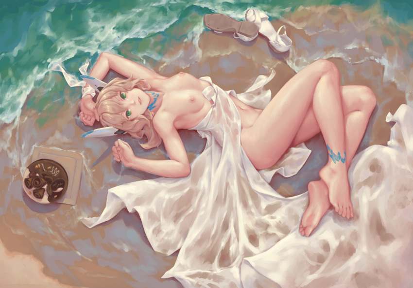 android antica_(bigrbear) barefoot bigrbear blonde_hair breasts detailed_background dress feet female female_only lying_down navel nipples nude original painting_(artwork) see-through shoes_removed short_hair slim small_breasts tied_hair