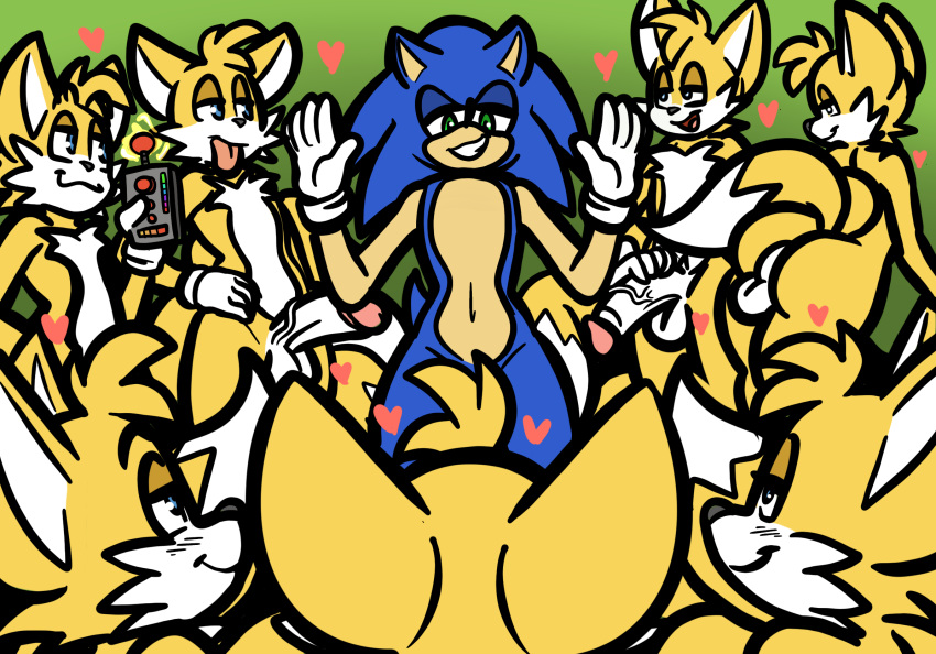 2020 anthro anthro_on_anthro ass balls biped blue_body blue_eyes blue_fur canid canine clone cloning_device clothing controller crowd digital_media_(artwork) duo erection eulipotyphlan fox fur genitals glans gloves green_background green_eyes grin group half-closed_eyes handwear heart hedgehog hi_res holding_object humanoid_genitalia humanoid_penis looking_at_another male male/male mammal miles_prower mobian_(species) narrowed_eyes open_mouth open_smile penis pink_glans raised_arm remote_control sega simple_background smile sonic_(series) sonic_the_hedgehog sonic_the_hedgehog_(series) square_crossover standing taillove_(artist) tails vein veiny_penis white_balls white_body white_clothing white_fur white_gloves white_penis yellow_body yellow_fur