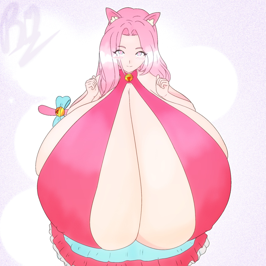 blush cat_ears cat_tail catgirl ear_fluff full_cleavage heart-shaped_pupils hyper hyper_breasts long_breasts looking_at_viewer missmoonified mooni mooni_(missmoonified) nipple_bulge pink_ears pink_hair pushing_breasts_together riley_moore_(artist) sexually_suggestive smiling tail_ribbon thigh_up