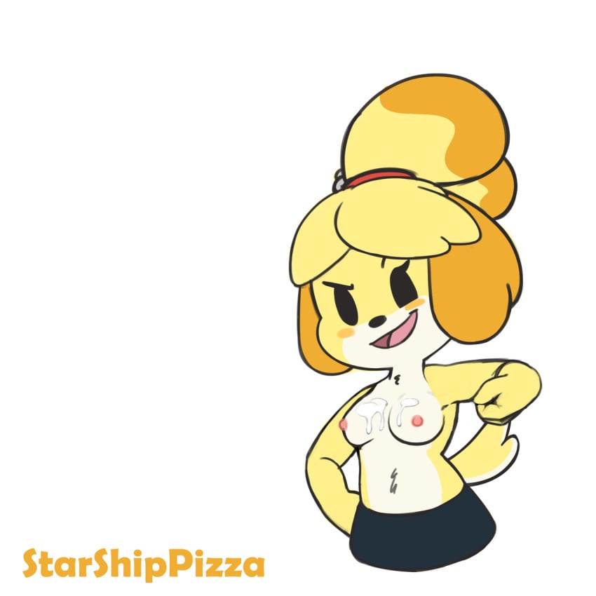 1:1 animal_crossing anthro artist_name bodily_fluids breasts canid canine canis cum cum_on_breasts domestic_dog edit female genital_fluids hi_res isabelle_(animal_crossing) mammal nintendo nude open_mouth pencil_skirt smile smug solo solo_focus starshippizza topless toy_dog video_games white_background