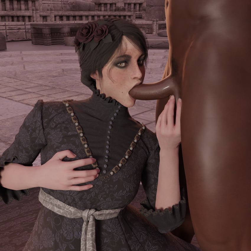 3d big_penis black_hair cd_projekt_red dark-skinned_male dark_skin emberstock goth hand_on_breast interracial iris_von_everec oral partial_male the_witcher_(series) the_witcher_3:_hearts_of_stone the_witcher_3:_wild_hunt