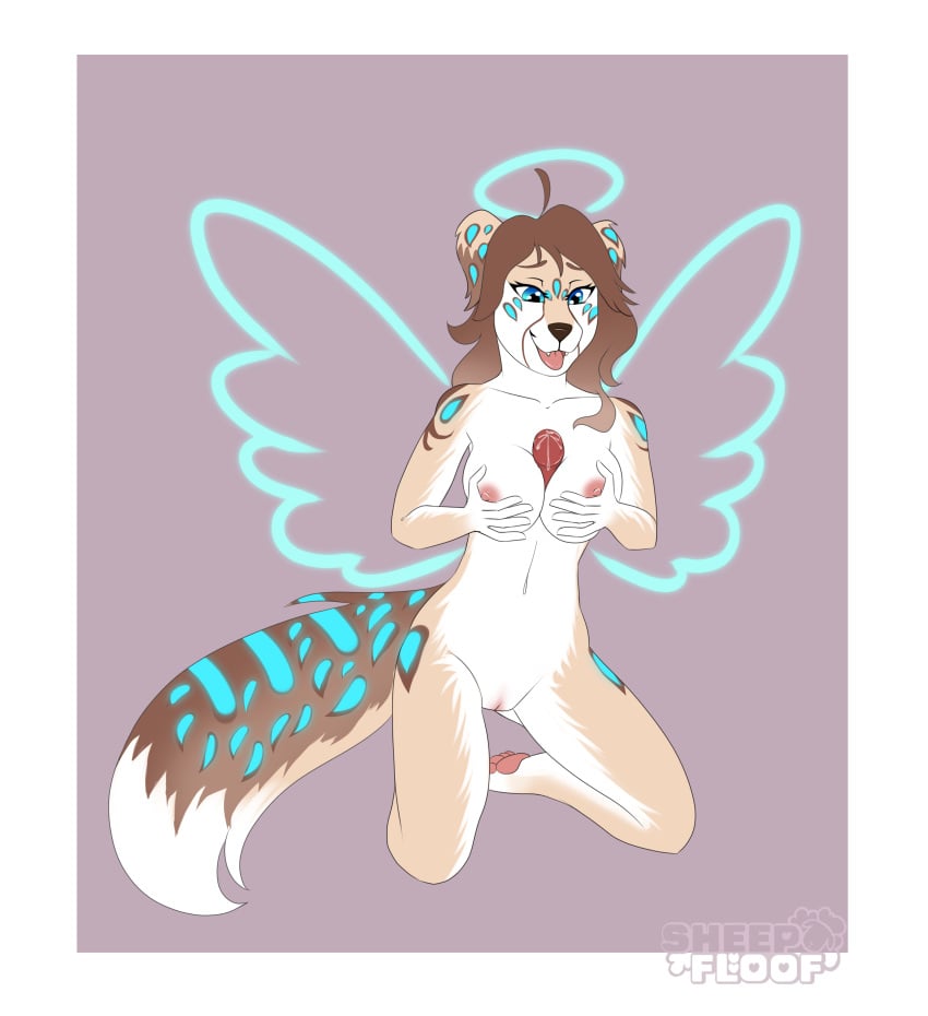 absurd_res anthro bodily_fluids breasts cum female foxyfreija fur genital_fluids genitals halo hi_res holding_breast kneeling looking_at_breasts looking_at_genitalia looking_at_penis paizuri penis pussy sex sheepfloof smile solo tan_body tan_fur titjob tongue tongue_out wings