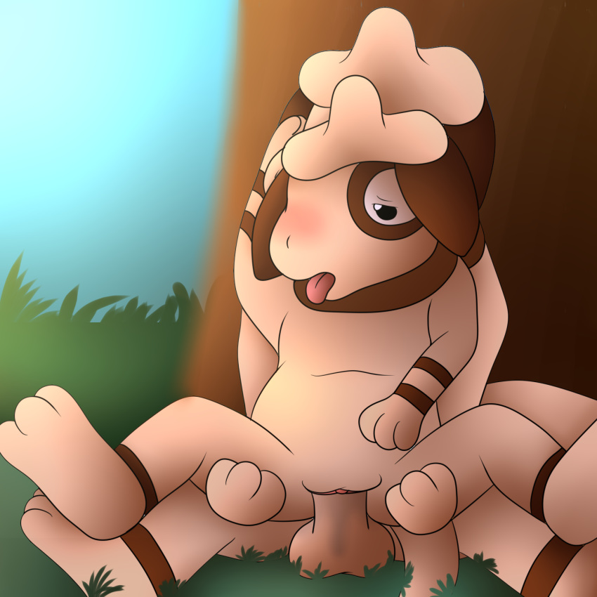 anthro blush bodily_fluids canid canine duo female female_on_top genital_fluids genitals hands_on_thighs hi_res humanoid_genitalia humanoid_penis male mammal nintendo on_top outside penis pokémon_(species) pokemon pussy pussy_juice smeargle straight tongue tongue_out tree umbry00 video_games