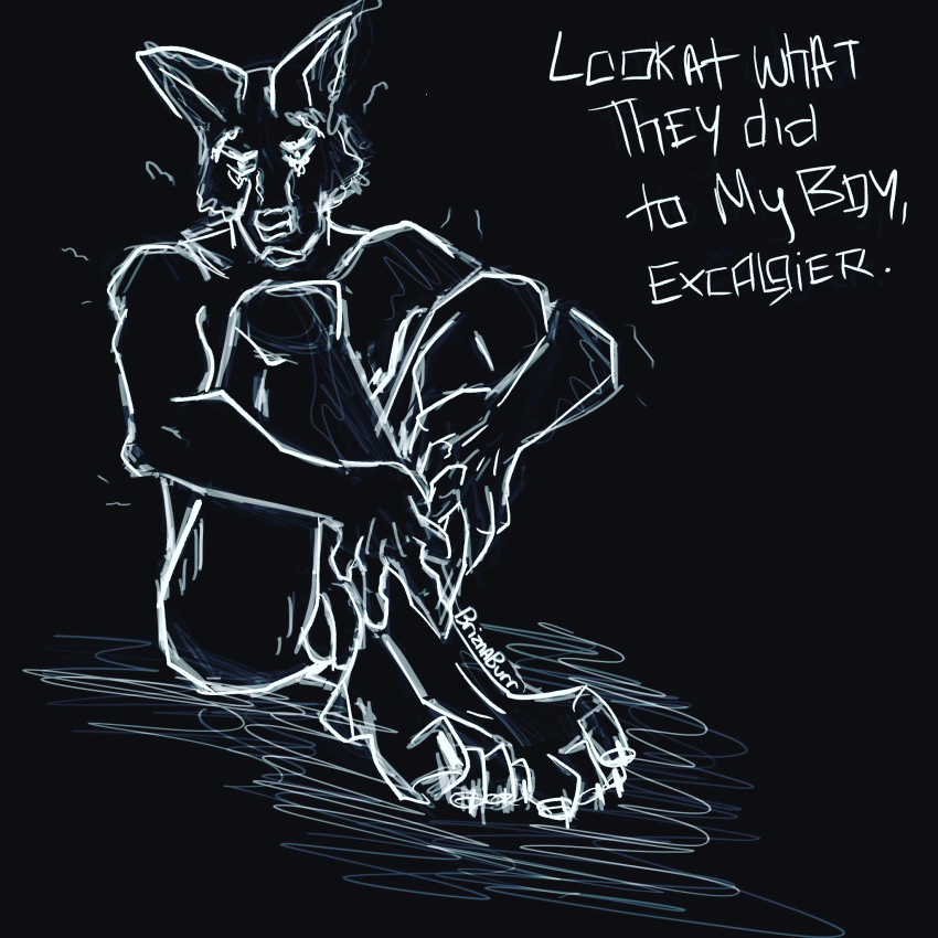 anthro black_and_white bodily_fluids briznaburr canid canine canis danxer_wrakem dark distressed forced forced_exposure fox gripping_legs hi_res humanoid hybrid male male_only mammal monochrome nude shaking sketch solo son tears text traumatized wolf