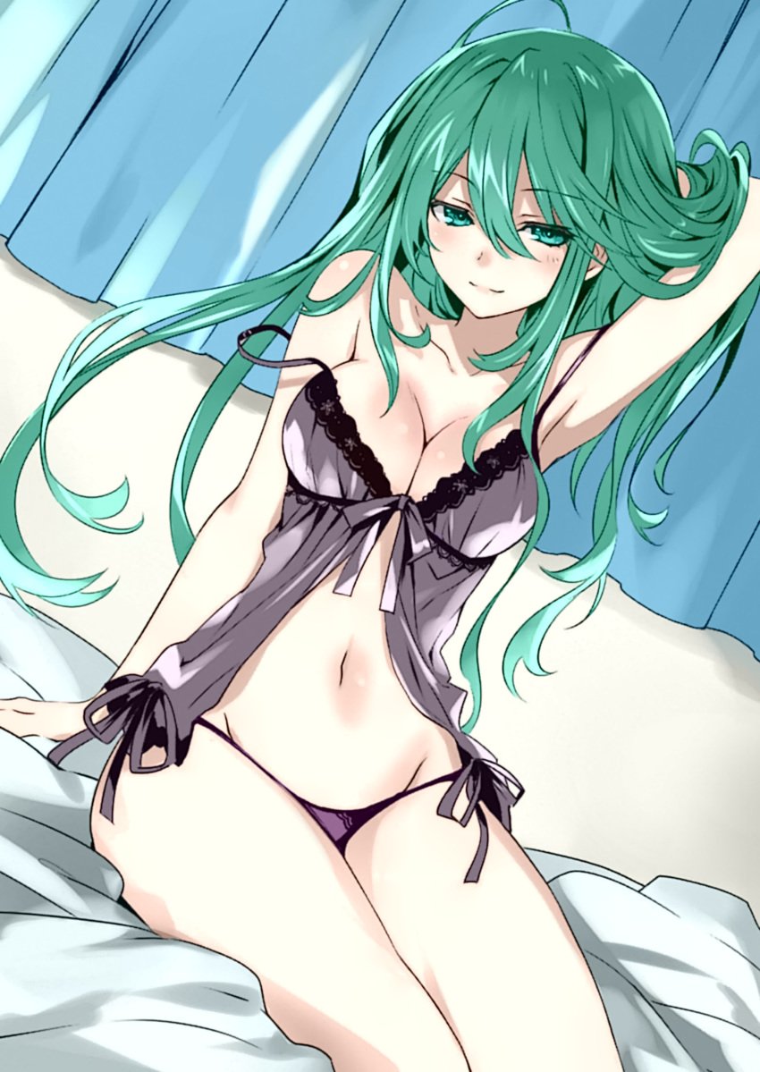 7a61 babydoll bed blush breasts clavicle cleavage curves date_a_live fan_colored female full_cleavage green_eyes green_hair high_resolution hips kyouno_natsumi kyouno_natsumi_(adult) large_breasts legs light-skinned lingerie long_hair looking_at_viewer medium_breasts mound_of_venus naughty_face navel negligee off_shoulder one_arm_up pantsu side-tie_panties sitting smile solo strap_slip string_panties tsunako underwear very_high_resolution very_long_hair wide_hips