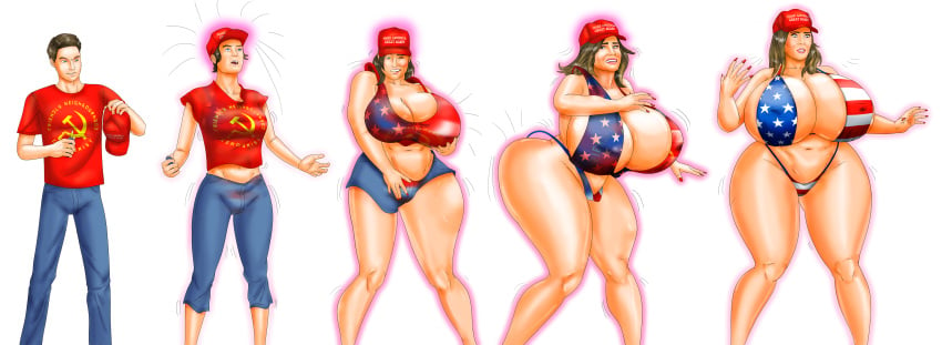 american_flag american_flag_bikini bikini bikini_bottom bikini_top gender_transformation genderswap_(mtf) huge_ass huge_breasts make_america_great_again melania_trump milf red_shirt rule_63 saturnxart transformation venus_body