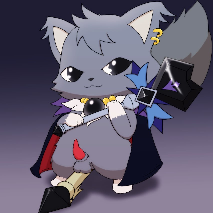 anthro broom chibi dian_(jewelpet) domestic_cat evil_face felid feline felis fur genitals grey_body grey_eyes grey_fur hi_res improbable_(artist) jewelpet looking_at_viewer magic_user maine_coon male male_only mammal penis sanrio solo