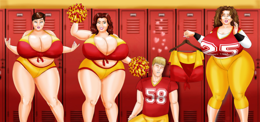 1boy 3girls american_football_player american_football_uniform bbw brown_hair cheerleader cheerleader_uniform fat football_(american) huge_breasts overweight pixe_cut saturnxart sleeping