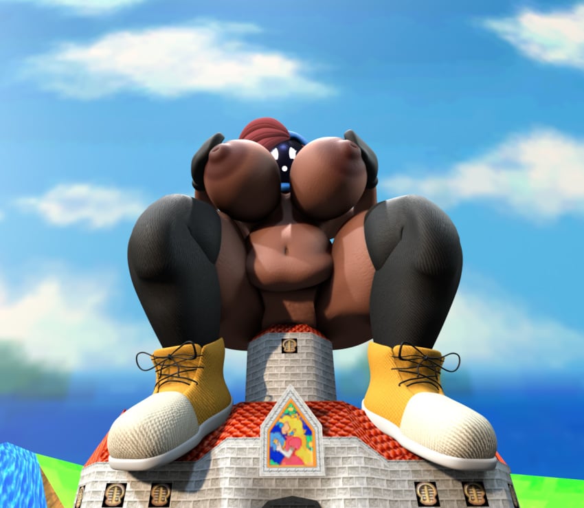 3d ass black_leggings black_skin bob-omb bomb bombi breasts brown_skin building_penetration building_sex castle dark-skinned_female dark_skin fat fuse giantess gloves guacamolemuffler huge_ass huge_breasts huge_butt key mario_(series) mob_face nintendo overweight penetration red_hair round_head shy-bomb shy_gal simple_eyes simple_face super_mario_64 windup windup_key